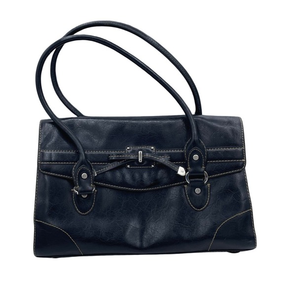 Giani Bernini Handbags - Liz Claiborne Black Faux Leather Shoulder Bag Contrast Stitching